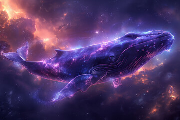 A whale is flying through the sky with a colorful background. Scene is whimsical and imaginative ....
