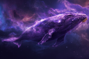 A whale is flying through the sky with a colorful background. Scene is whimsical and imaginative 