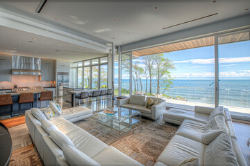 A waterfront property with a sleek and modern design, offering breathtaking views of the ocean or a lake.