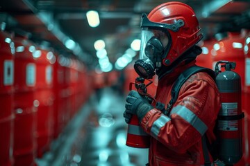 A firefighter in red protective gear standing ready amongst rows of fire extinguishers