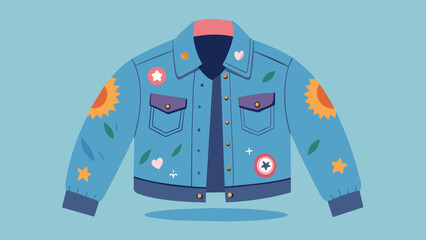 A trendy cropped denim jacket complete with distressed patches and trendy pins discovered for a fraction of its original price at the local thrift.
