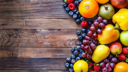 Colorful assortment of fruits on a wooden background