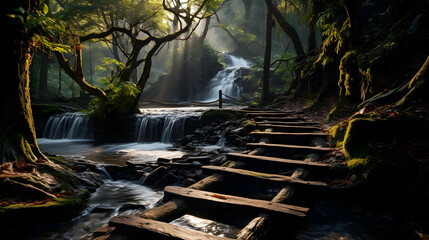 Fototapeta premium Landscape with bamboo tree and waterfall with footpath