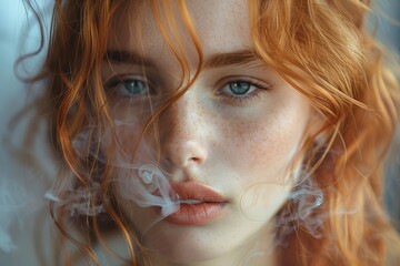 Intimate and detailed portrait showcasing a beautiful red-haired woman exhaling smoke, with curls and freckles visible