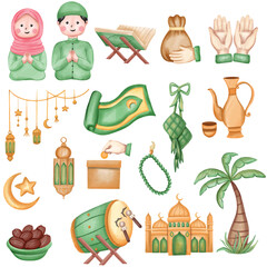 Islamic Element Ramadan Collection, Muslim elements set with people greeting
