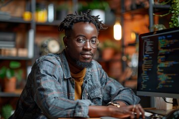 Obraz premium A relaxed African American male programmer working in an office rich with indoor plants and ambient lighting