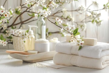 Tranquil spa bathroom toiletries and towel on soft white background for serene ambiance