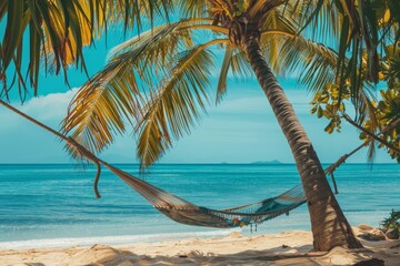 Tropical island getaway. palm trees, hammock, turquoise sea, relaxation vacation