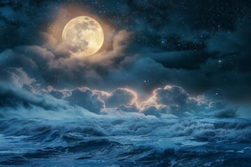 Fototapeta na wymiar Tranquil night. full moon rising over peaceful sea, moon in night sky among clouds