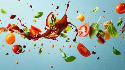 Creative composition of food elements arranged to depict a flying motion with sauce splatters