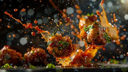 Culinary image showcasing food items being tossed and flipped with sauce flying around them - obrazy, fototapety, plakaty
