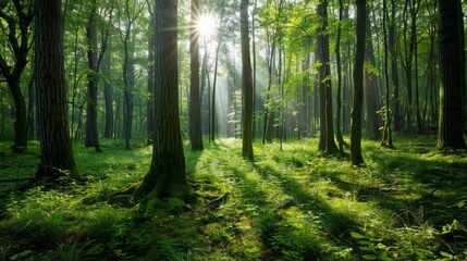Dense green forest with sunlight filtering through the canopy