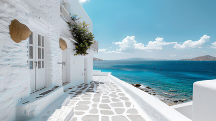 White architecture of Mykonos town and view 