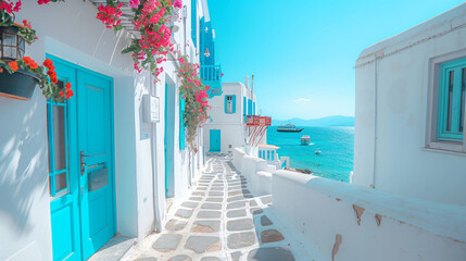 White architecture of Mykonos town and view 