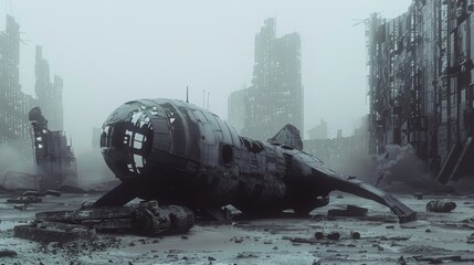 Derelict spacecraft lying dormant amidst the ruins of a futuristic city