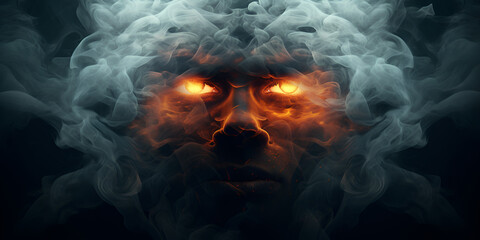  Abstract Face in Smoke and Flames, A Ghostly Devil's Logo Element in the smoky background 