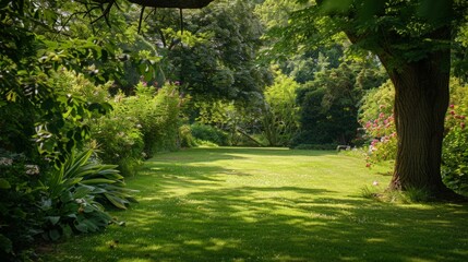 A serene view of a tree and bench in a lush green lawn