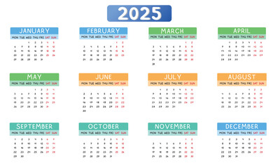 Calendar 2025. Simple calendars 2025. Year, Month, Week, Day, Date. Modern planner year in vector design style