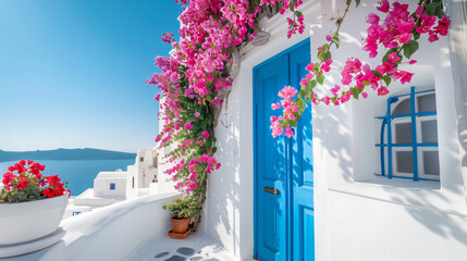 White architecture on Santorini island Greece. Blue door