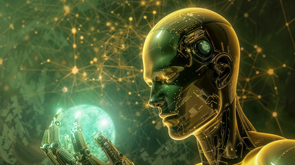 AI god - digital entity, resembling deity or superior intelligence, composed of complex circuits and glowing energy, representing advanced form of artificial intelligence or concept of digital god.