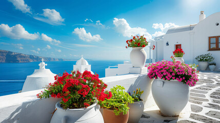 White architecture on Santorini island Greece. Flowers - obrazy, fototapety, plakaty