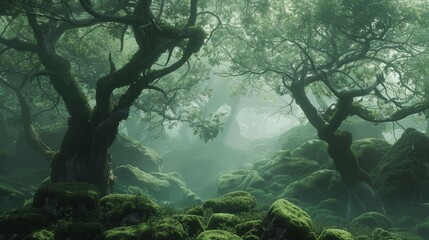 Ethereal misty forest with ancient trees and moss-covered rocks, perfect for grounding yoga practice