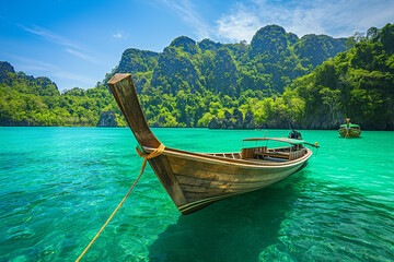 A boat is floating in the water with a blue sky in the background. The boat is surrounded by mountains and trees