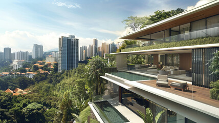 An architecturally impressive modern residence with a series of terraces and balconies cascading...