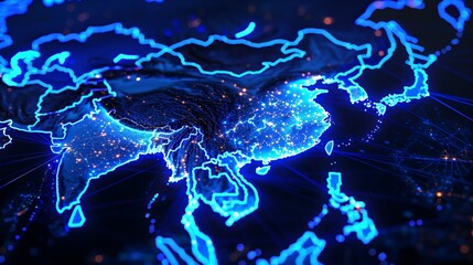 Digital Asia map with blue lines