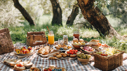 A rustic picnic spread on a checkered blanket, featuring a variety of sandwiches, fruits, and refreshing drinks, under the shade of a sprawling oak tree.