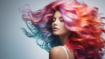Captivating hair model with luminous, multicolored locks, featured in an ad campaign that showcases the transformative power of premium hair color products