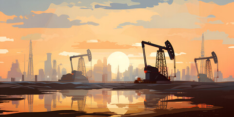 oil wells where crude oil is extracted from the ground concept of oil painting in background  - obrazy, fototapety, plakaty