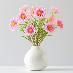 A tasteful arrangement of pink and white flowers in a white ribbed vase on a neutral background.