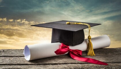 Isolated graduation mortarboard cap and diploma