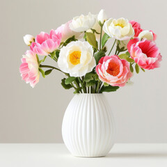 Soft pink artificial flowers with yellow centers in a simple white vase, creating a soothing ambiance.