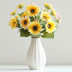 A lively mix of yellow, pink, white, and red gerbera daisies in a modern white vase on a simple background.