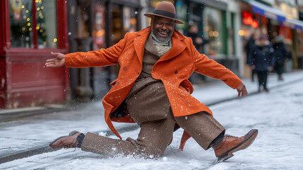 Man falling on slippery street.
