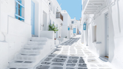 White cyclidic architecture on the street in Mykonos 