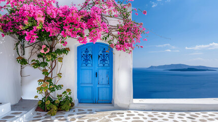 White Cycladic architecture with blue door and pink flower