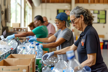 People sorting recyclables at a community center, with clear labels for plastic, glass, and paper