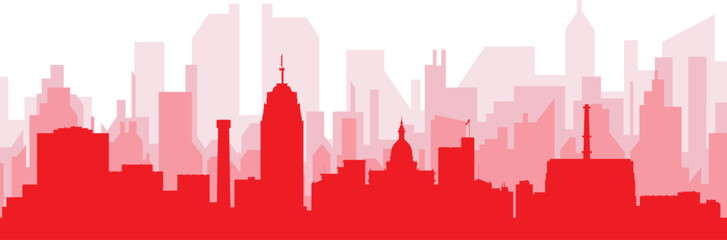 Obraz premium Red panoramic city skyline poster with reddish misty transparent background buildings of LANSING, UNITED STATES