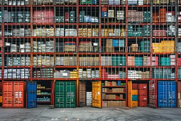 A vivid display of multi colored cargo containers neatly stacked, creating a bold pattern at a busy freight terminal.