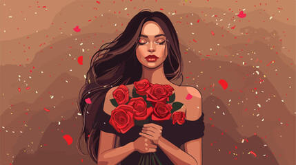 Beautiful young woman with bouquet of red roses