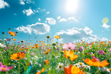 Sun in a flowering field with a clear blue sky, representing renewable energy and sustainable living