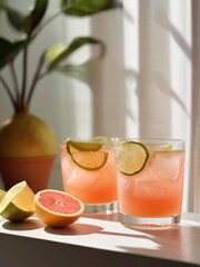 Fototapeta premium A glass full of Grapefruit Lime Spritzer on the table, summer refreshing drink. 