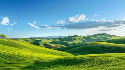 Peaceful landscape with rolling hills and a clear blue sky