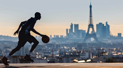 Olympics 2024 , Silhouette of a basketball player against a city skyline at sunset, ideal for urban sports themes.