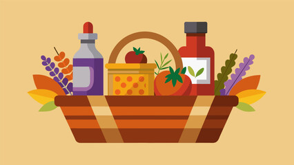 Obraz premium A basket filled with unique condiments like truffleinfused hot sauce and lavender honey mustard for the adventurous foodie..