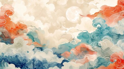 Chinese clouds and sky in watercolor soft tones color style. Seamless pattern background. AI generative.