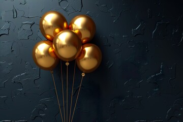 Gold balloons bunch on a black wall background. 